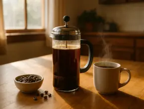 A cozy kitchen scene with a French press coffee filled with freshly brewed coffee, a steaming mug, and a small bowl of coffee beans on a wooden table lit by warm sunlight.