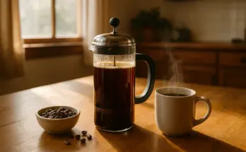 A cozy kitchen scene with a French press coffee filled with freshly brewed coffee, a steaming mug, and a small bowl of coffee beans on a wooden table lit by warm sunlight.